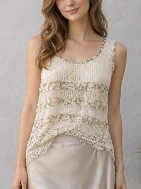 Mystree Crochet Lace Floral Tank Boho Cottagecore Cream Top M